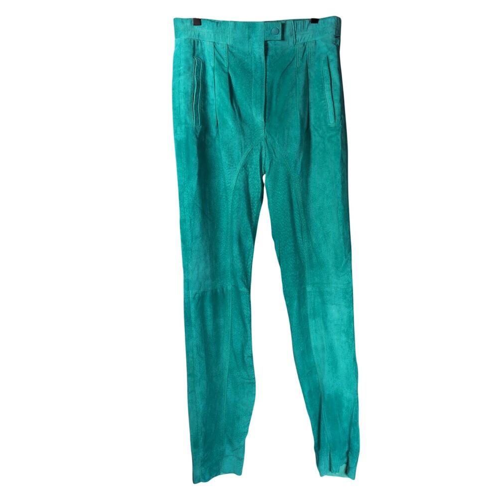 Vintage 1980s Suede Genuine Leather Turquoise Blue Pleated High Waisted Pants